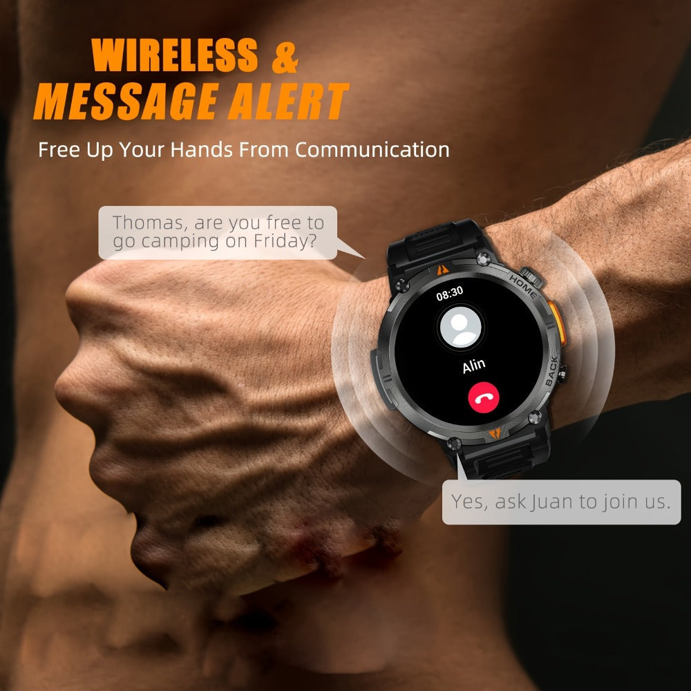 Tactical Smartwatch for Men LED Lighting 1.45 Inch 97% Screen Ratio Bluetooth 5.2 Wireless Calling Outdoor Fitness Tracker Heart Rate Blood Oxygen Sleep Pedometer iPhone Android Silicone Leather Strap Black Orange