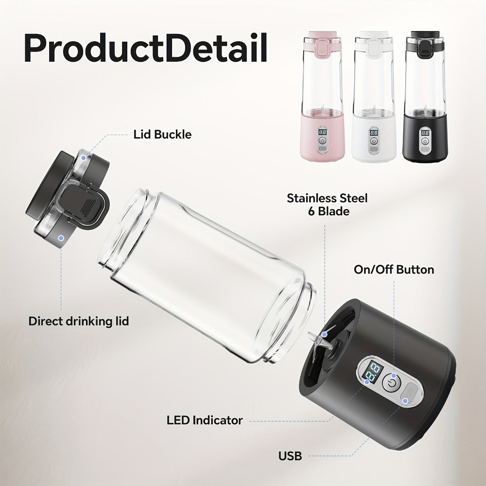Portable Smoothie Blender USB-C Fast Charge 6-Blade Stainless Steel – Digital Timer Battery Display High-Speed Ice Crush No-Spill Lid | Protein Shake Gym Travel Blender in Black Pink White