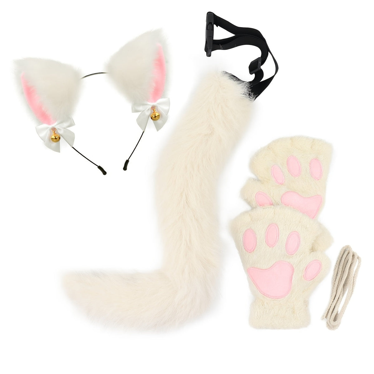 Cat Costume Set 3 Piece – Bell Ear Headband, Plush Paw Gloves & Adjustable Tail for Halloween, Cosplay, Role Play & Stage Performances, Cute Gift for Women Girls, Grey White Brown Pink