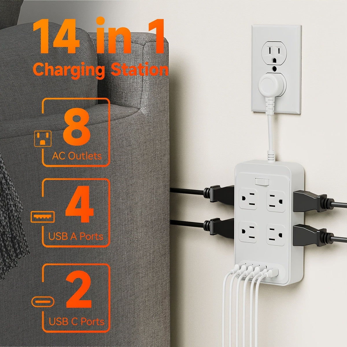 One-Touch Switch Desk Charging Station 14-in-1, 8 Widely Distributed AC Outlets & 6 USB Ports (4 USB-A + 2 USB-C), Surge Protection, Compact Portable Power Strip for Home Office Desktop – Safe & Organized