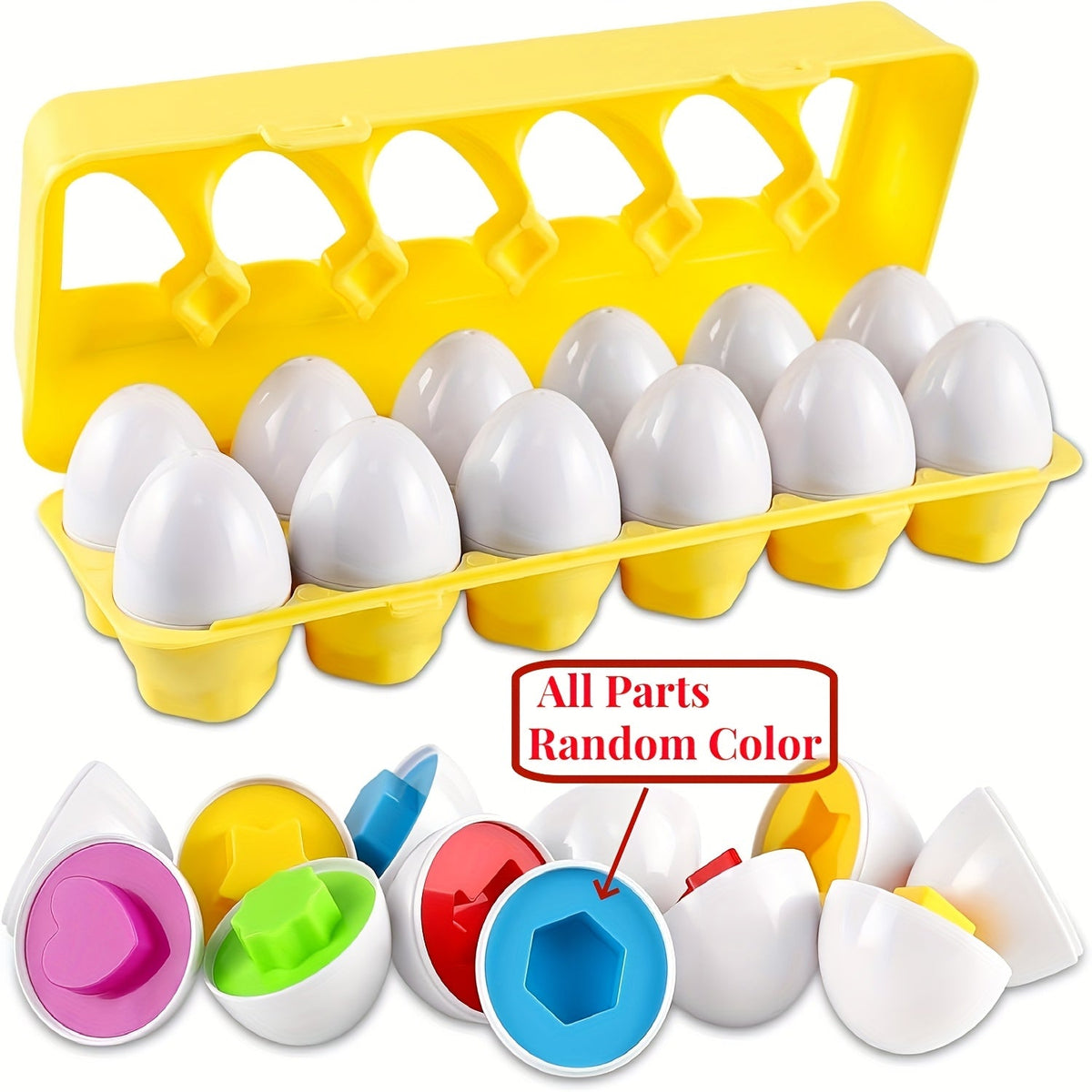 Color & Shape Matching Eggs Toy for Toddlers – Montessori Sorter Puzzle Set, Sensory Early Learning Fine Motor Skills Toy, Travel Game & Easter Basket Gift for Preschool Boys & Girls (Random Colors)