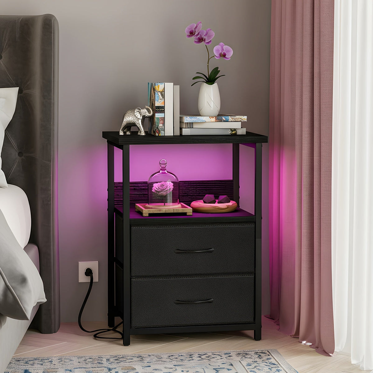 Nightstand with Charging Station & LED Light – USB Ports Outlets Fabric Drawers | PU or Clear Acrylic Desktop | 1pc or 2pcs Matching Set | Smart Bedside Table for Bedroom Dorm Student Room Black White