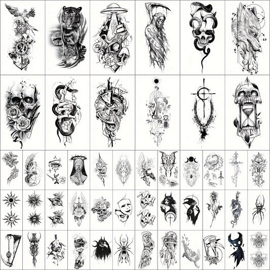 GLARYYEARS Realistic Temporary Tattoos for Men Women 48pcs Skull Snake Black Dark Art Body Arm Designs Waterproof Long Lasting Non-Toxic 12 Large 36 Small Sheets