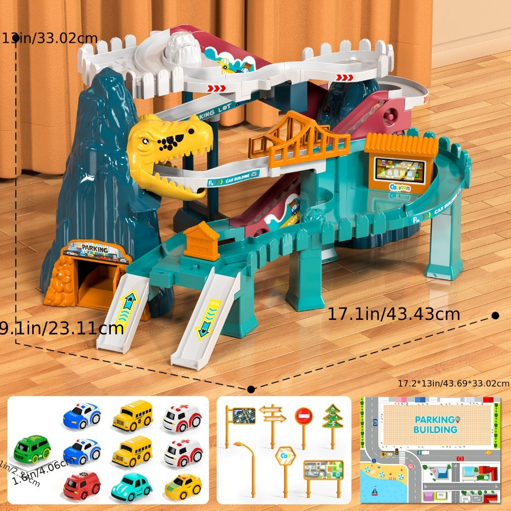 Dinosaur Race Track Toy Set – Multi-Level Dino Car Track with Ramp Launcher & 10 Mini Cars