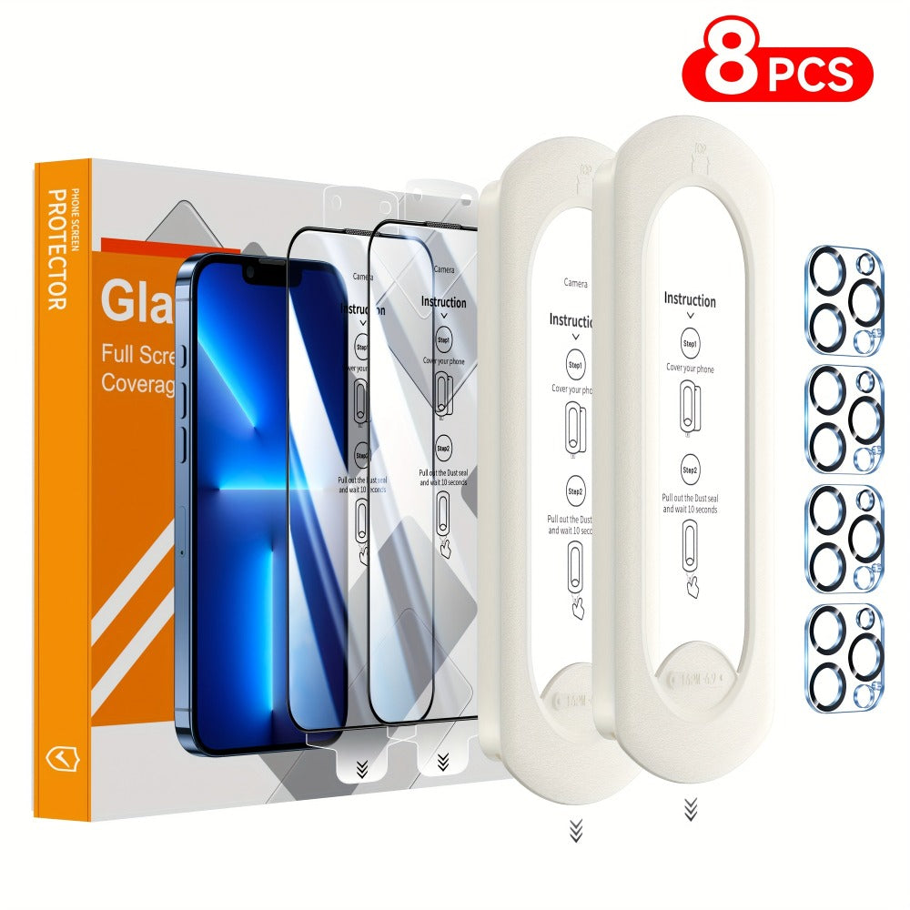 9H Tempered Glass Screen Protector for iPhone 8-Pack with Alignment Tool – 4 Screen + 4 Camera Lens, HD Clear, Bubble-Free, Case Compatible, iPhone 16 Pro Max / 15 / 14 / 13 / 12 / 11 Series