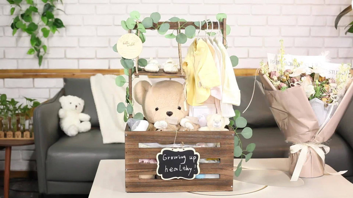 Wooden Gift Crate Basket with Handle and Garland Large Storage Organizer Baby Shower Pregnancy Announcement Christmas Party Decor Housewarming Gift