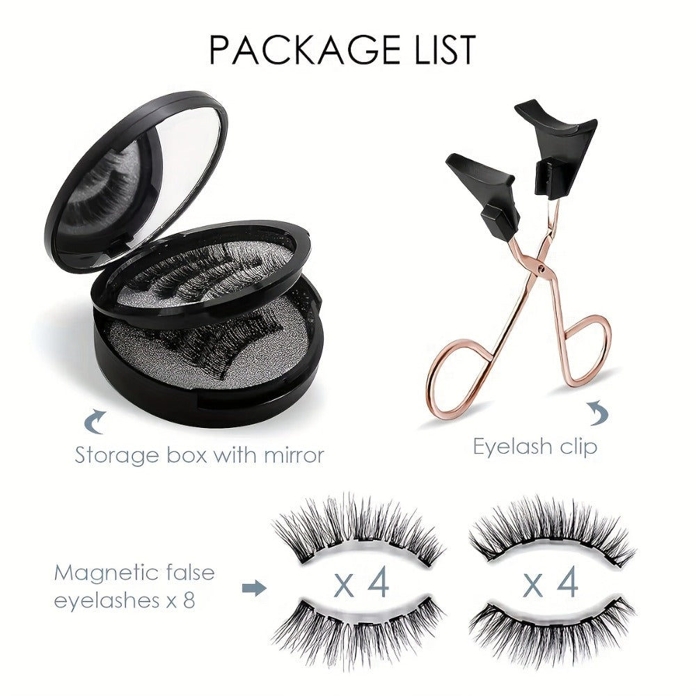 8-Pair Glue-Free Dual Magnetic False Eyelashes 3D Reusable Set — No Eyeliner Needed, Waterproof, Includes Applicator Clip, Natural Look for Daily Wear & Special Occasions