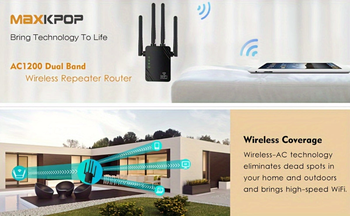 10000 Sq Ft WiFi Extender 1200Mbps 4-Mode - Dual Band 2.4GHz & 5GHz, 4 Antennas 360° Coverage, 6X Signal Boost, Penetrates Walls, 35 Devices, Repeater Access Point Router WISP, 1-Tap Setup, Black