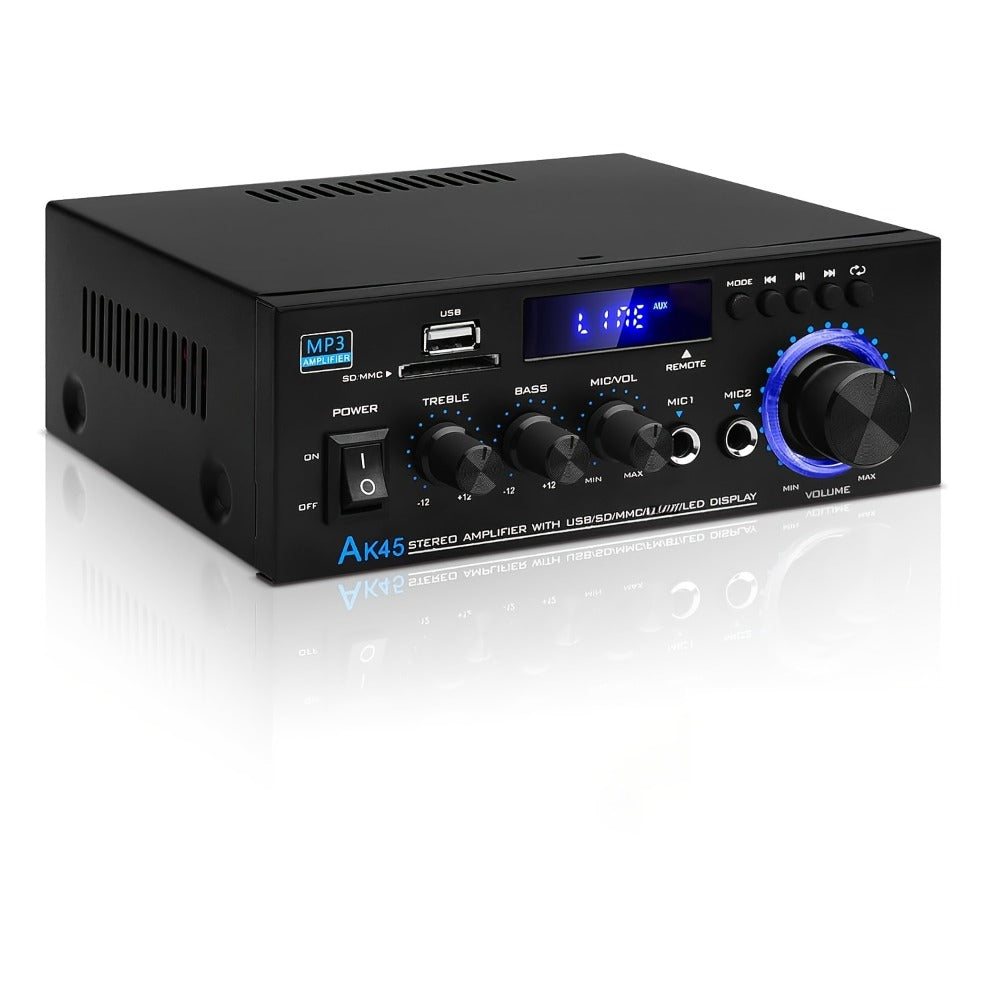 400W Bluetooth 5.0 Stereo Amplifier Receiver AK45, 2-Channel Home Audio Power Amp with Karaoke, FM Radio, USB MMC SD Card, Supports Passive Ceiling Speakers Garage Home Theater Speaker System