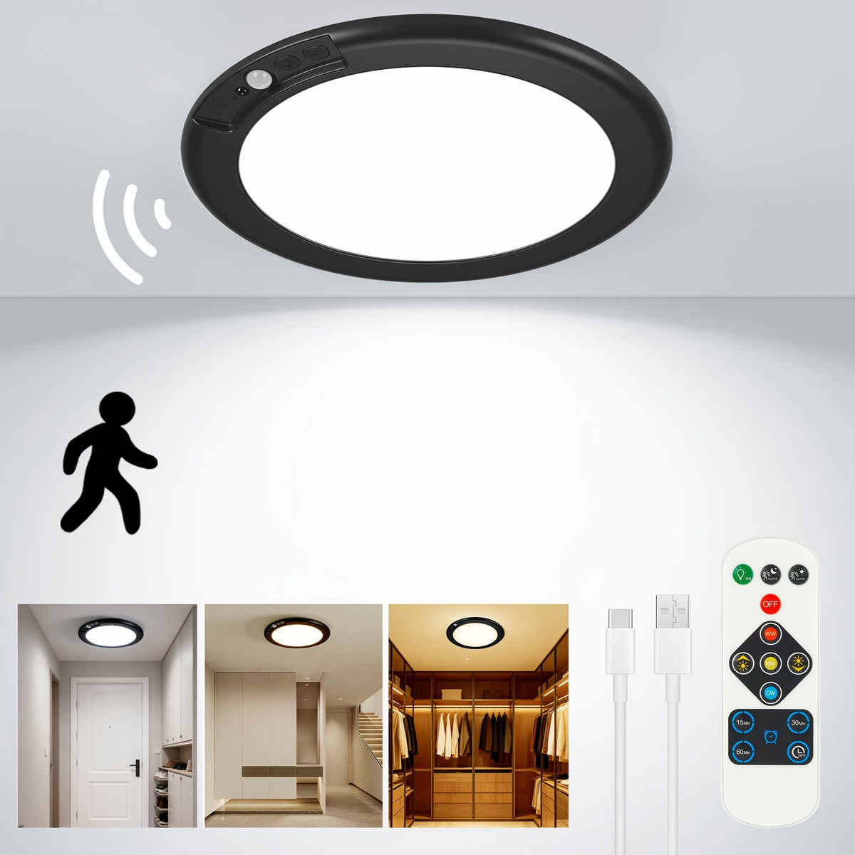 Rechargeable LED Ceiling Light with Motion Sensor – Remote Control Dimmable, 3 Color Temps 3000K/4500K/6500K, 10 Brightness Levels, Battery Operated Closet Light for Bathroom Hallway Pantry Porch