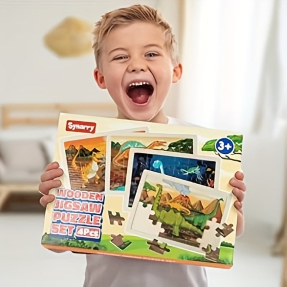 Dinosaur Wooden Jigsaw Puzzle Set for Kids, 4 Puzzles with 24 Pieces Each