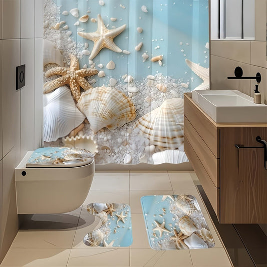Shower Curtain with Starfish & Shell Print, Curtain or 4-Piece Set