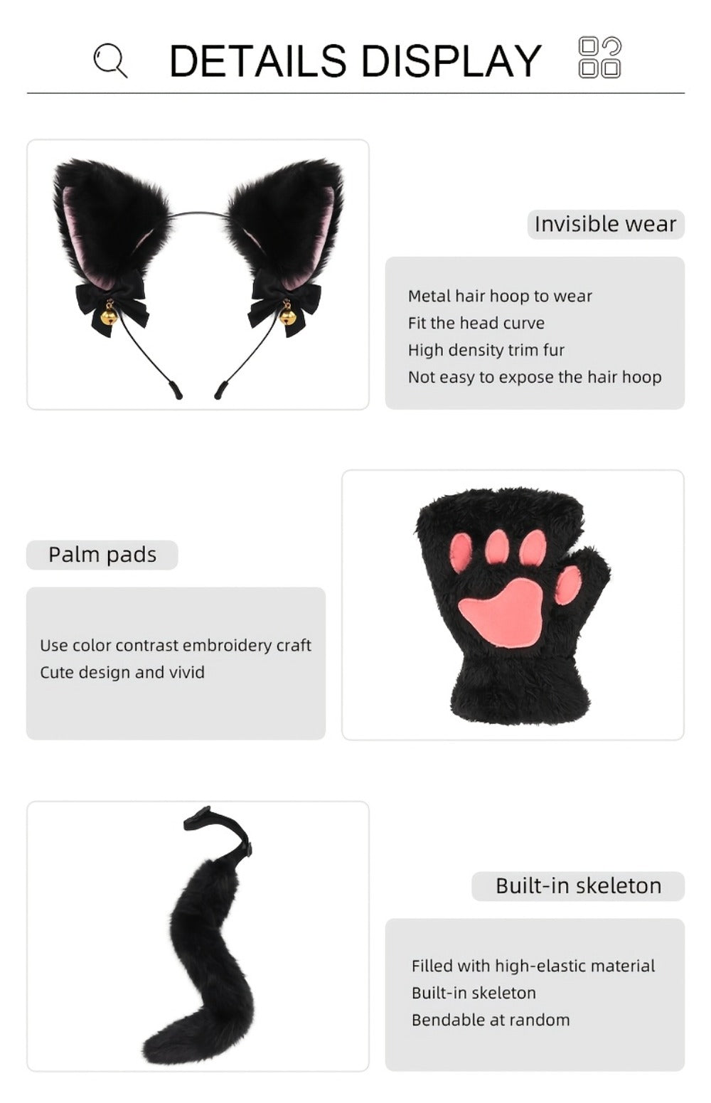 Cat Costume Set 3 Piece – Bell Ear Headband, Plush Paw Gloves & Adjustable Tail for Halloween, Cosplay, Role Play & Stage Performances, Cute Gift for Women Girls, Grey White Brown Pink
