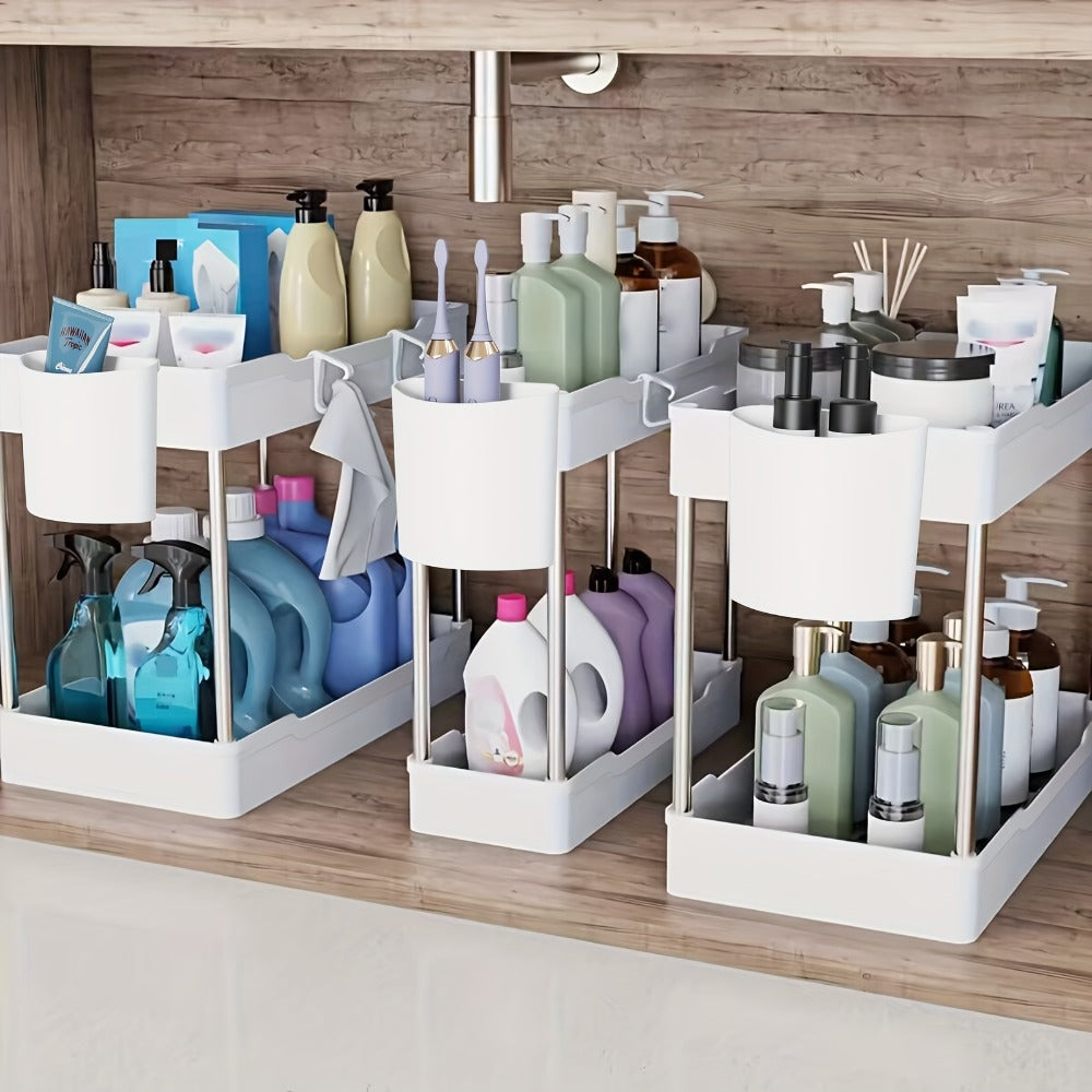 Under Sink Organizer 3-Pack 2-Tier Storage Rack – Bathroom Cabinet Organizer for Toiletries Cleaning Supplies Kitchen Spices