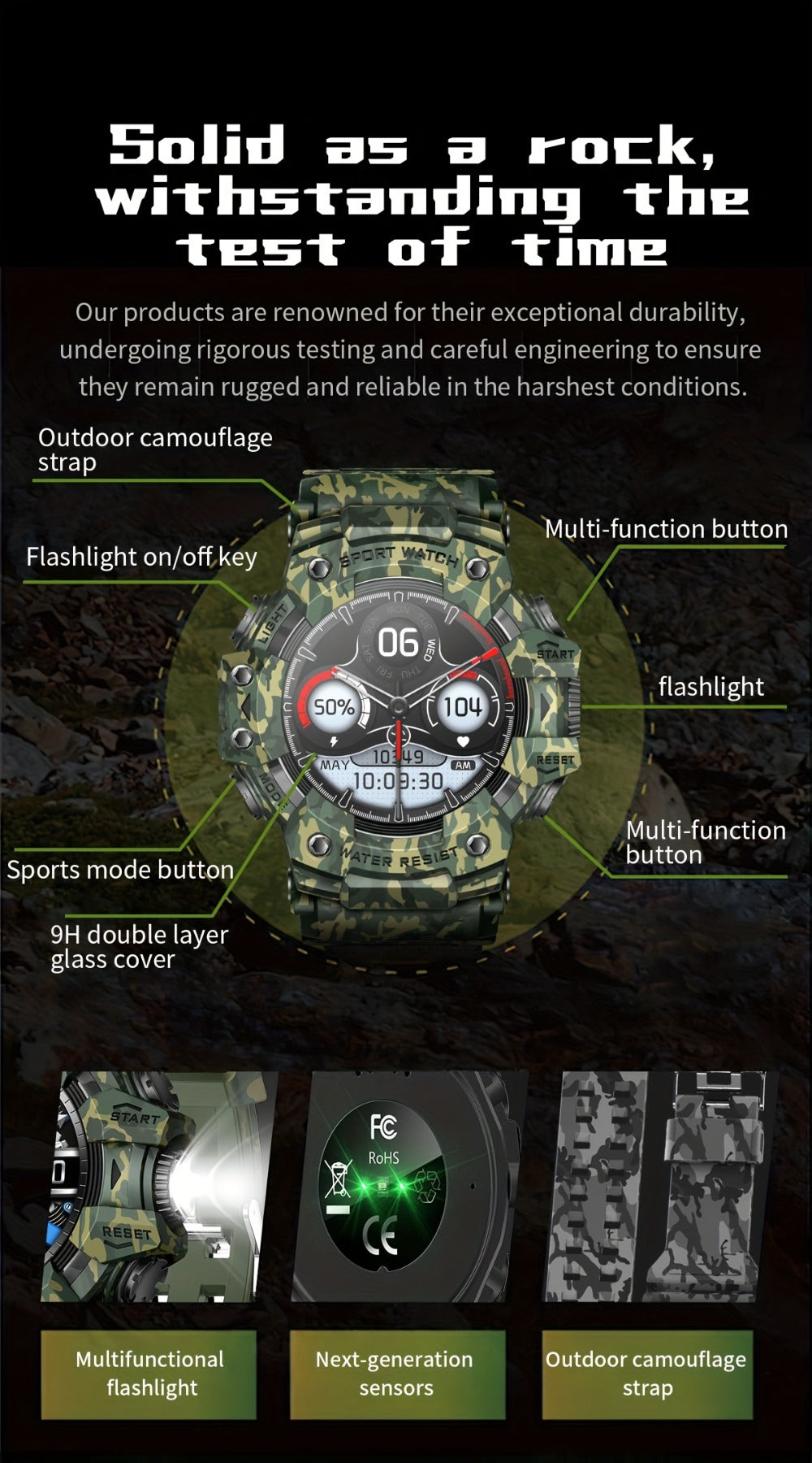 Tactical Smartwatch for Men, LED Flashlight & SOS Emergency, 1.32" TFT Screen, Bluetooth Calling, 100+ Sport Modes, Heart Rate SpO2 Sleep Tracker, Camouflage & Matte Colors – iPhone & Android Compatible