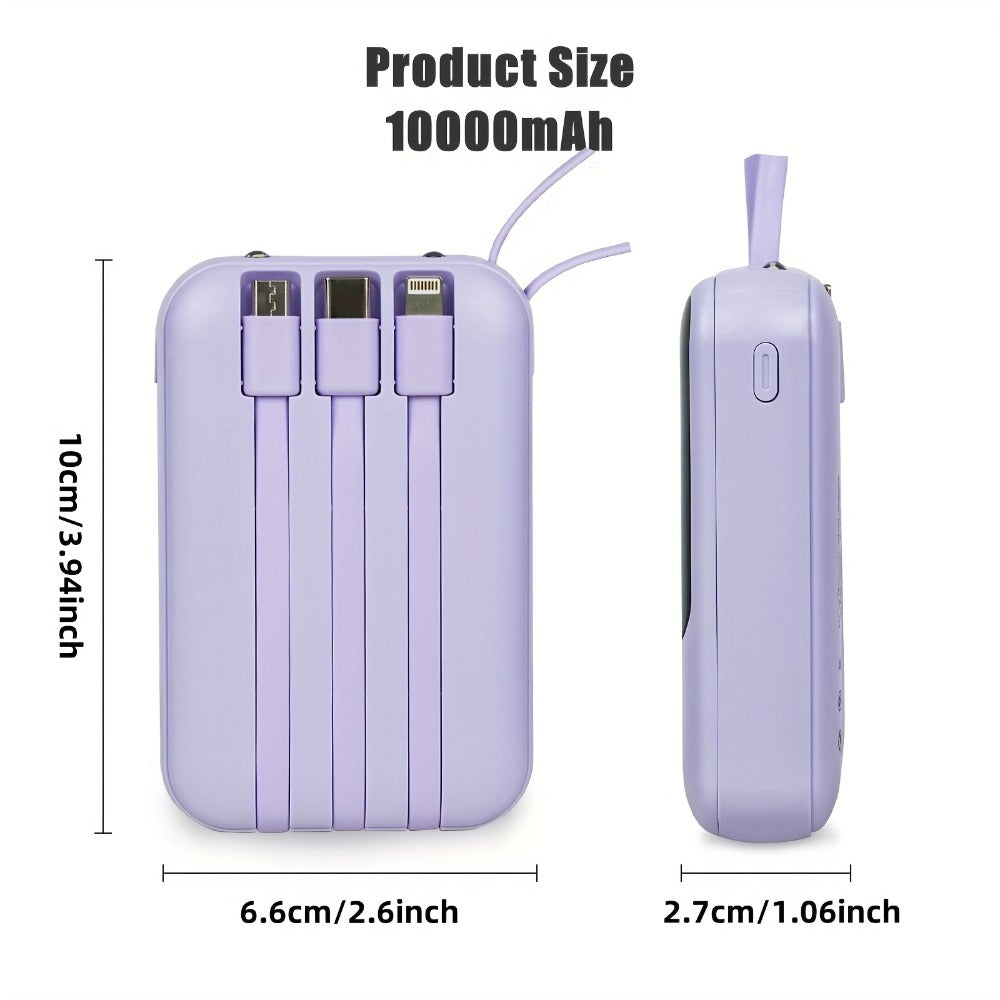 10000mAh Mini Power Bank with Built-in 4 Cables – 22.5W Super Fast Charging, LED Display, Cute Portable Charger for iPhone, Android, Samsung & Travel, Ultra-Compact Battery Pack with LED Light
