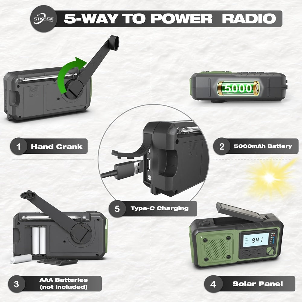 Hand Crank Emergency Weather Radio 5000mAh Solar Powered NOAA AM FM Portable Survival Radio with Flashlight SOS Alarm Reading Light Phone Charger Type-C for Hurricane Tornado Storm Preparedness Gift