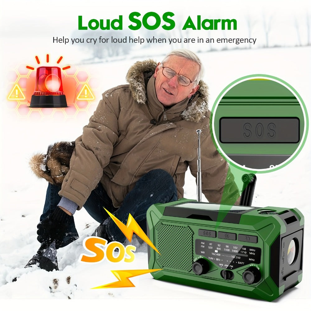 Emergency Radio Hand Crank Solar USB 3-Way Charging AM FM with 10000mAh Power Bank, SOS Alarm, LED Flashlight, Reading Light, Thermometer, Compass for Family Home Survival Kit