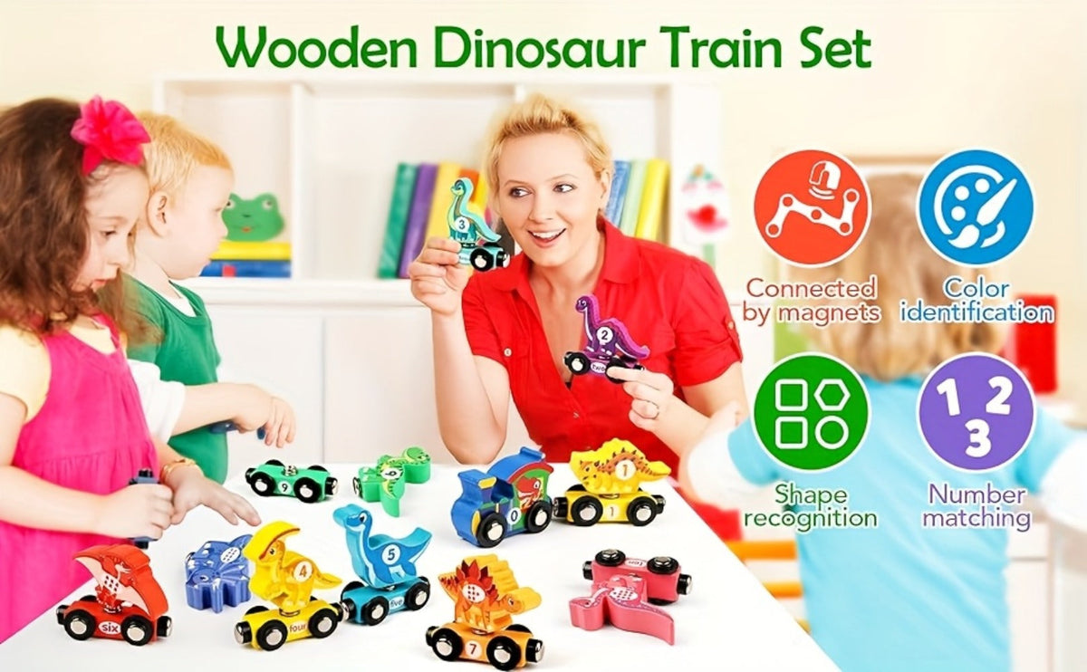 Magnetic Dinosaur Number Train – 11-Piece Wooden Train Toy with Dinosaur Engine & 10 Numbered Cars