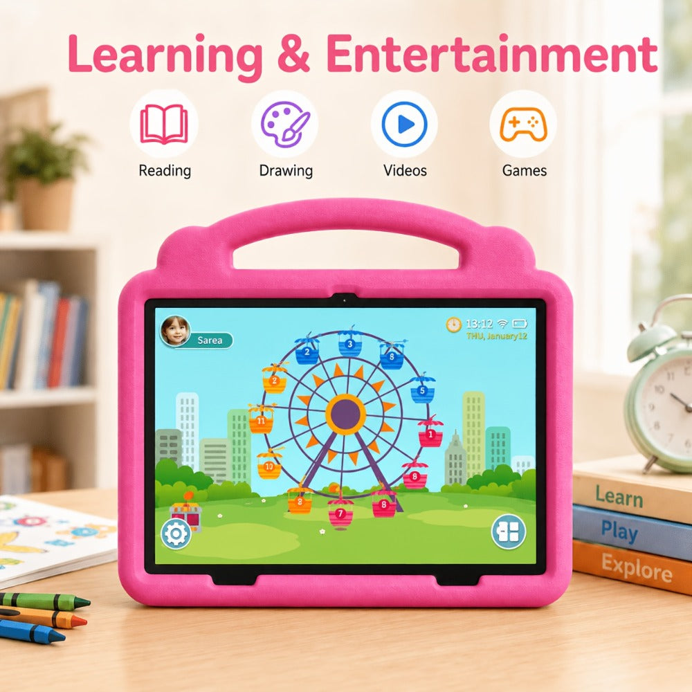 Kids Tablet 10.1 Inch Android 15 – 12GB RAM 64GB ROM Expandable 1TB, 6000mAh Battery, WiFi 6, 1280x800 IPS HD Screen, Dual Camera, Parental Controls, Pre-installed Games, Protective Case Included
