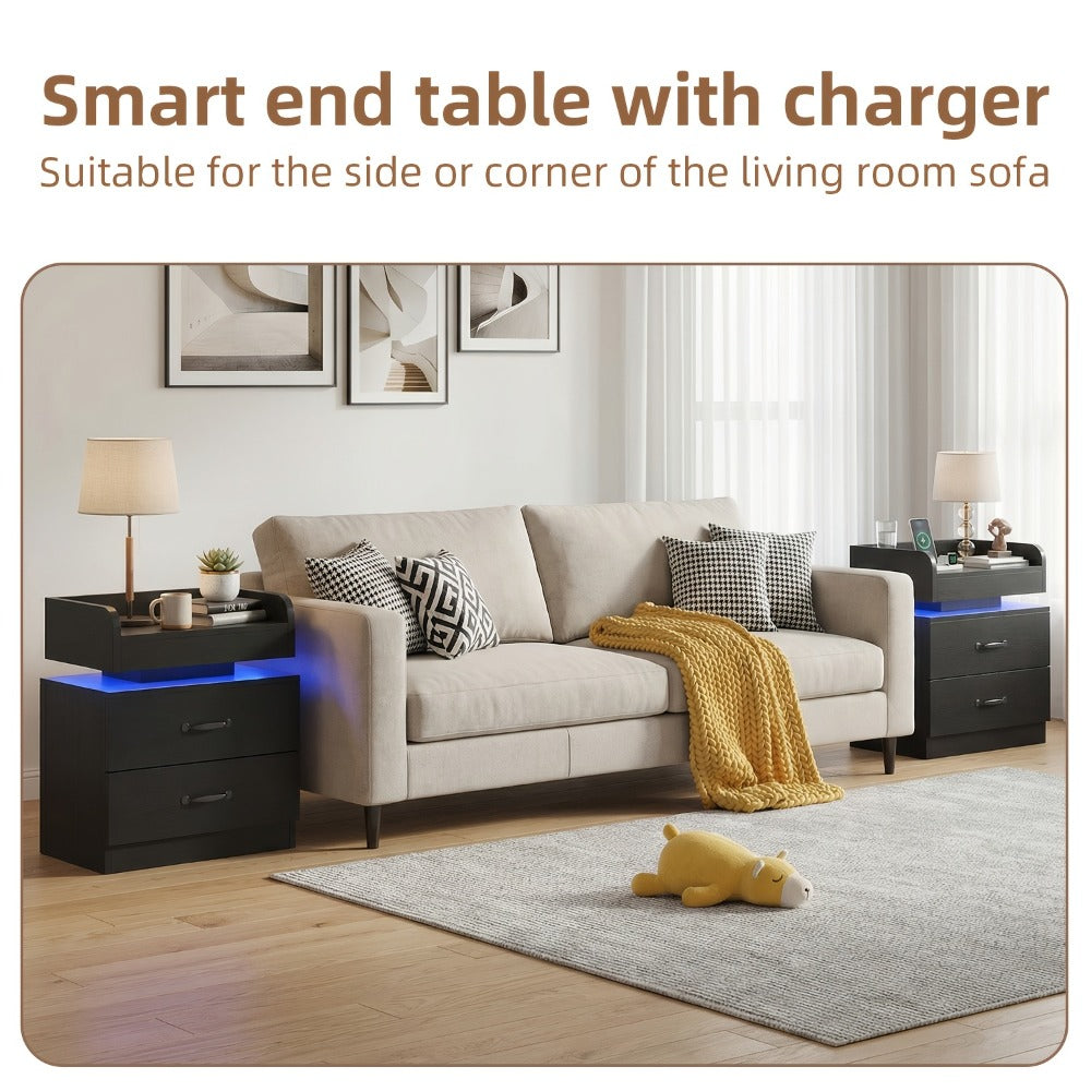 Bedside Table with Charging Station & LED Lights – Modern Wooden Nightstand with Drawer & Open Shelf | Black or White | 1pc or 2pcs Set | Bedroom Living Room End Table | Housewarming Gift