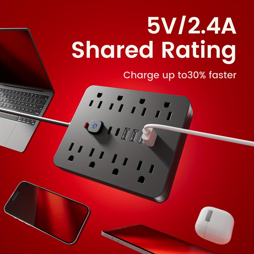 Flat Plug Wall Mount Power Strip 14-in-1 Surge Protector - 8 AC Outlets, 4 USB-A & 2 USB-C Ports, 5ft/10ft Extension Cord, Overload Protection, Desktop Charging for Home Office
