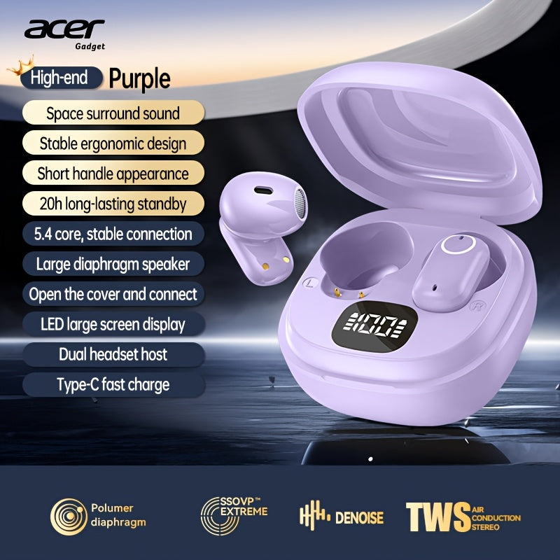 Acer Ergonomic Sports TWS Earbuds 50H Standby Low Latency HiFi Stereo Deep Noise Reduction Touch Control Lightweight Running Workout Wireless Earphones Black Purple Beige