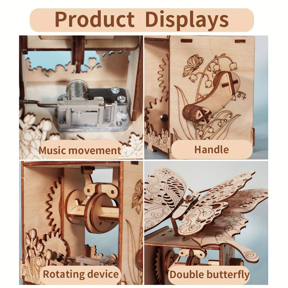 Wooden Butterfly Model Kit, Choose Color Display or Music Box Style