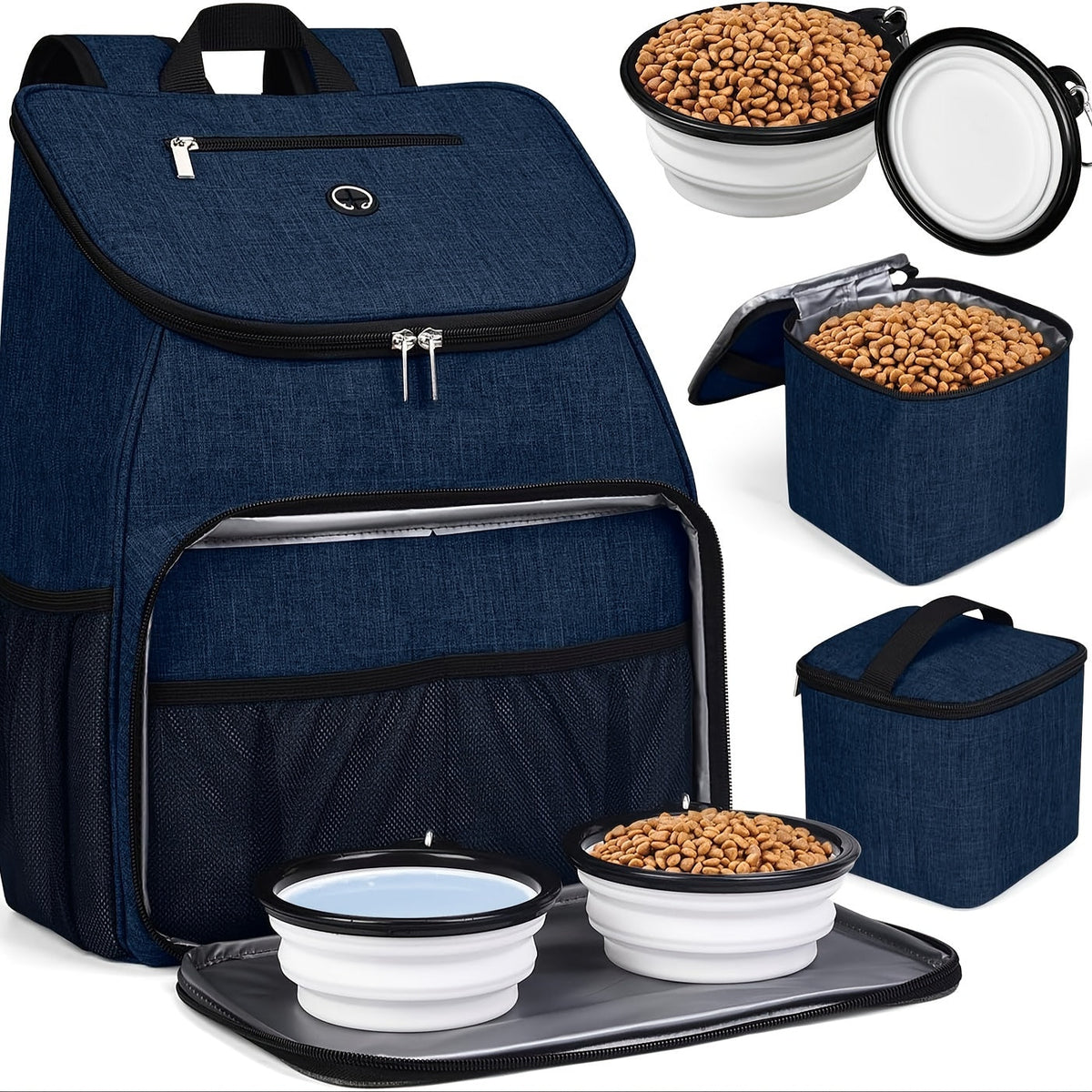 Pet Travel Backpack Double Layer Dog Cat Supplies Bag with 2 Collapsible Bowls 2 Food Baskets Portable Organizer for Outdoor Hiking Camping Road Trip
