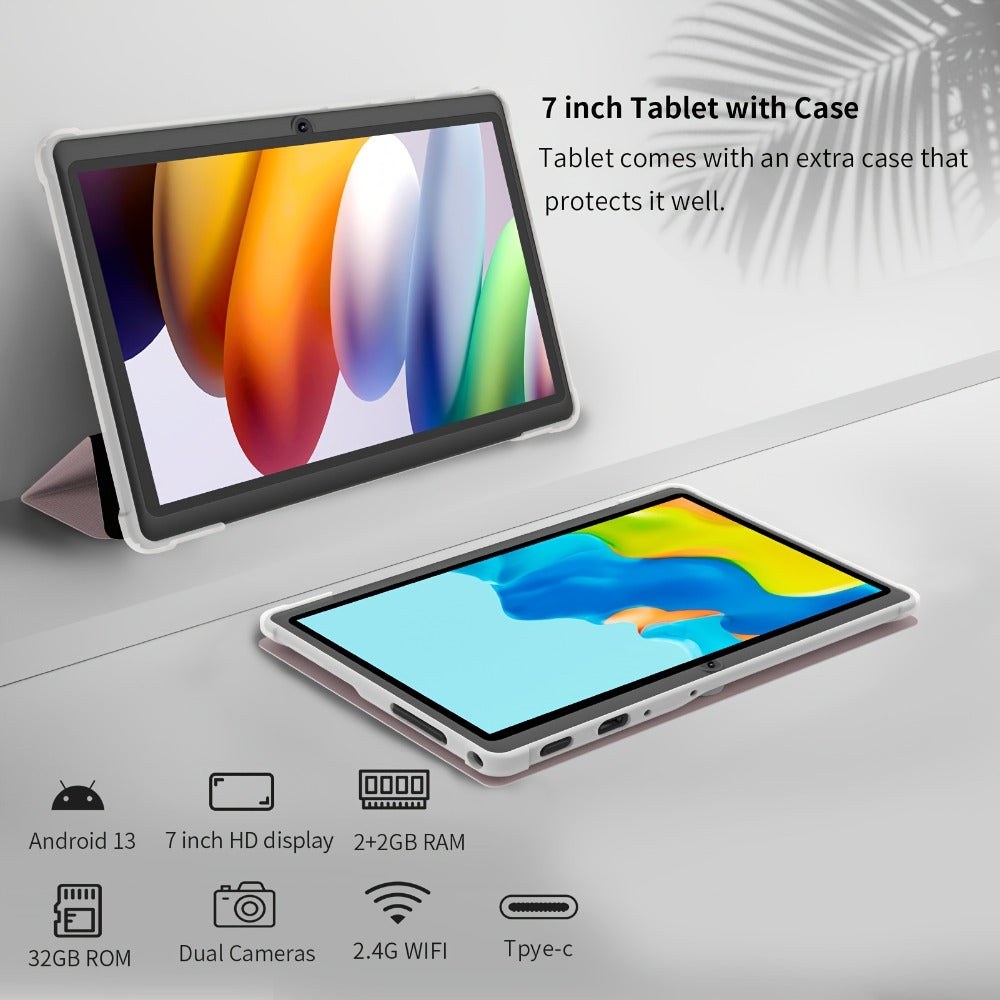 Android 13 Tablet 7 Inch with Protective Case – 4GB RAM, 32GB ROM, 1TB Expandable Storage, 3500mAh Battery, HD IPS Screen, Dual Camera, WiFi, USB-C, Classic Style Portable Tablet for Kids & Adults