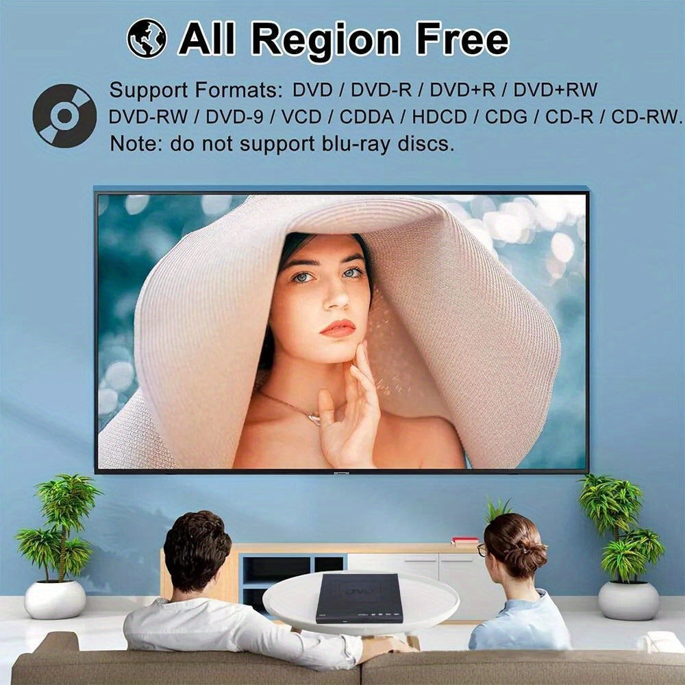 Region-Free DVD Player 1080P – Compact Design, USB Powered, RCA Cable & Remote Control Included, All Region Disc Compatible for Smart TV & Flat Screen