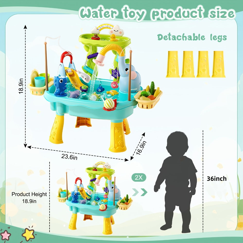 Kids Water Table Toy with Electric Pump & Faucet, Play Food & Fishing Toy in Blue or Pink