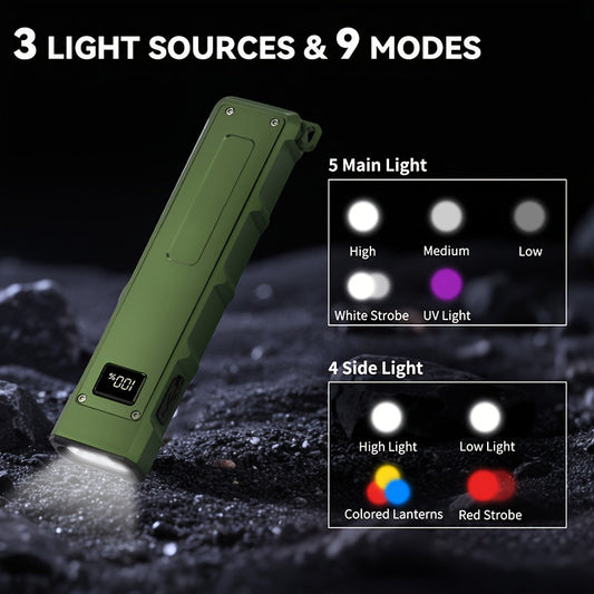 Magnetic LED Flashlight with UV, COB Side Light, 9 Modes and Battery Display
