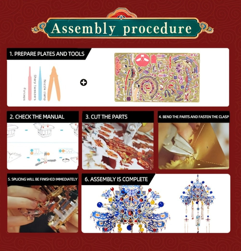3D Metal Puzzle Phoenix Crown Qingluan – Blue & Gold DIY Assembly with Beads & Tassels, Chinese Mythology Art Collectible, Unique Romantic Gift for Girlfriend Boyfriend Birthday Anniversary