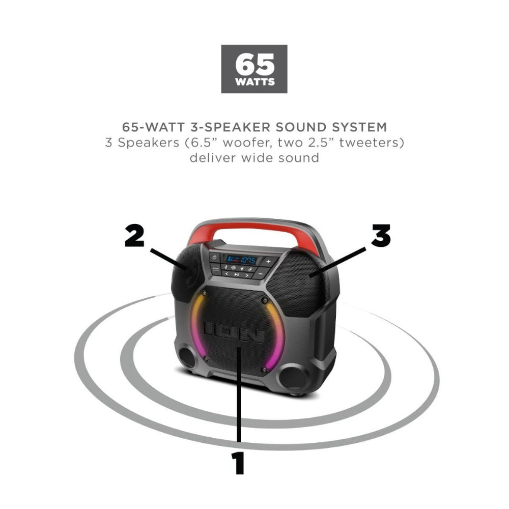 ION Audio Pathfinder Go 65W Portable Bluetooth Speaker, 3-Speaker System 6.5" Woofer + Tweeters, 15-Hour Battery, LED Lights, FM Radio, Wireless Stereo-Link, USB Playback & Charge, App Control for Outdoor Camping Beach Party