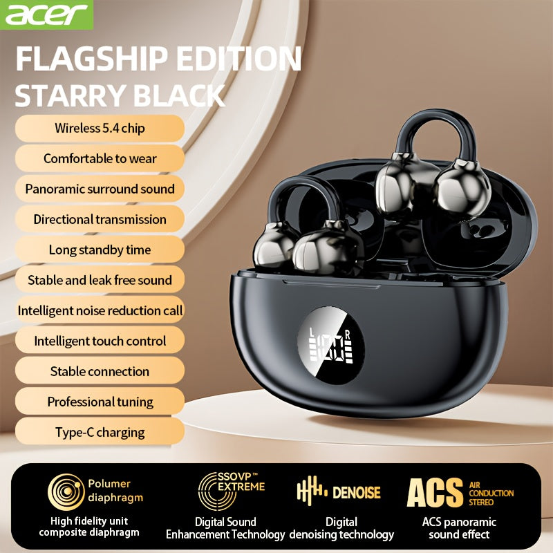 Acer ENC Earhook TWS Earbuds LED Display Charging Case Semi-Open Half Back Touch Volume Control HD Talk Wireless Sports Earphones with Mic Black White Beige