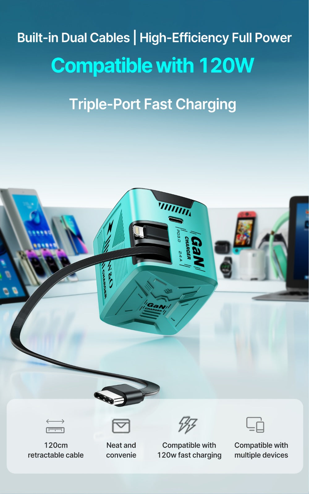 Dual Cable GaN Charger 120W with Built-In 47in Type-C & Lightning Retractable Cables, Foldable Plug – Tangle-Free Fast Charging USB-C Wall Adapter for iPhone 16 15 14 Pro Max, Samsung Galaxy S25 S24
