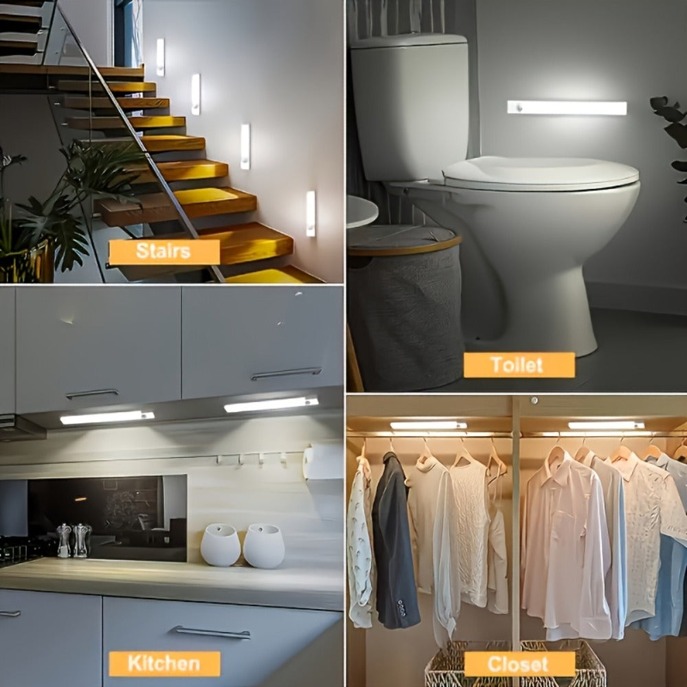 Rechargeable Motion Sensor LED Night Light 6 Pack - 400mAh USB, 3 Brightness Levels, Wireless Stick-On Bar for Cabinet, Stair, Bedroom, Kitchen & Hallway (3.94" / 7.87" / 11.8", 3 or 6 Pack)