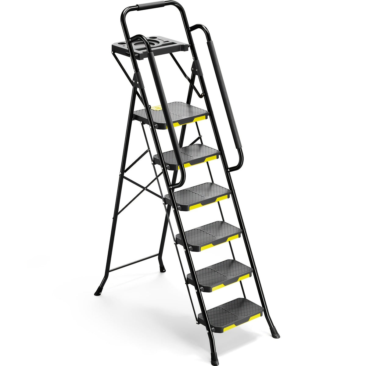 6 Step Ladder with Handrails & Tool Platform 800 LBS – Folding Step Stool Wide Pedal Steel Safety Ladder for Adults, Painting, Home, Garage & Outdoor Use – Auto Safety Lock, Compact Storage