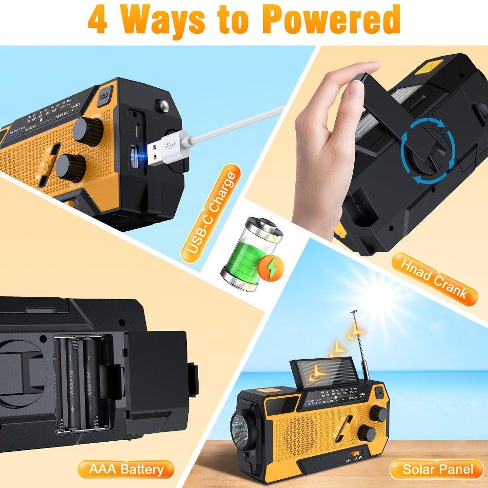 2000mAh Emergency Radio with Built-in 3-in-1 Charging Cable – AM/FM/NOAA Weather Radio, Solar Hand Crank USB Power Bank, SOS Alarm Flashlight, Winter Storm Survival Kit for Hurricane Preparedness