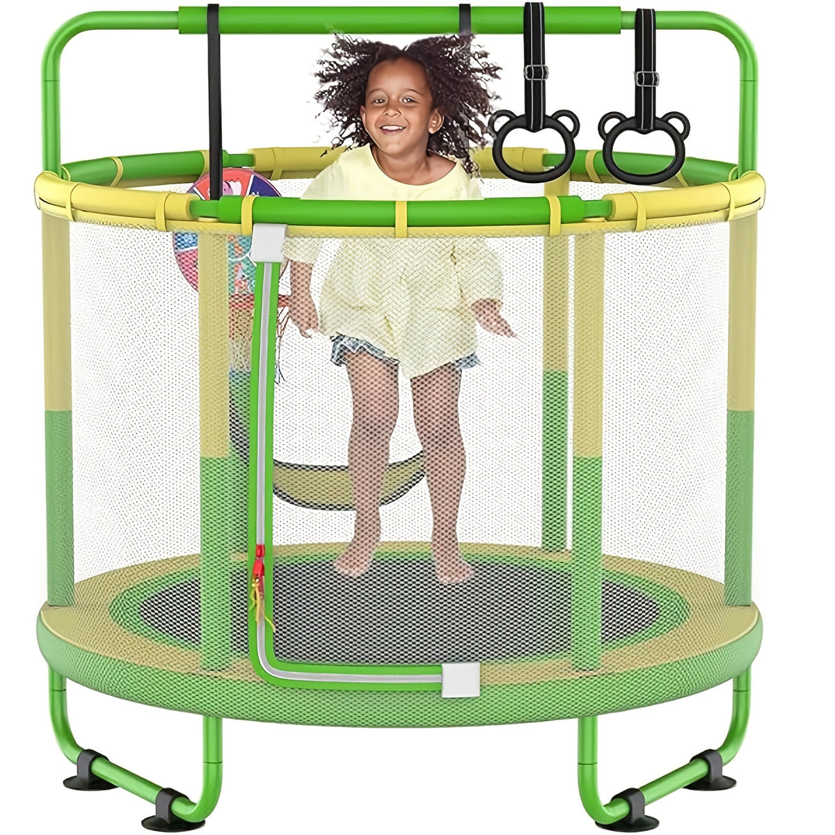 60 Inch Kids Trampoline 6-in-1 with Safety Net Enclosure, Basketball Hoop, Swing, Dart Board & Gymnastic Rings – Indoor Outdoor Toddler Trampoline for Boys Girls, 5ft Fun Activity Center