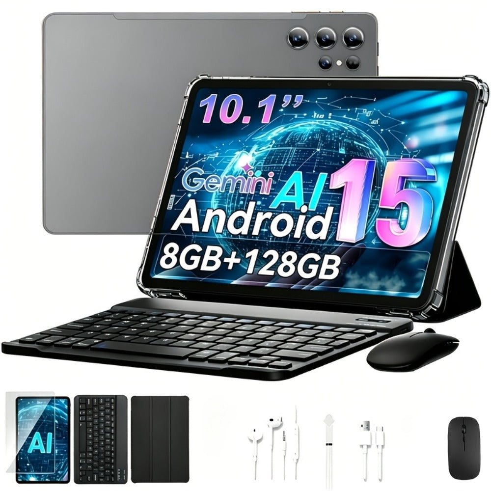 2-in-1 Tablet with Keyboard Android 15, 10.1 Inch 8GB RAM 128GB ROM 8000mAh Battery, 5G WiFi 16MP+5MP Dual Camera FHD IPS Display, Stylus Pen Included, Laptop Tablet PC for Work Study Entertainment – Black Pink Gold Gray Orange