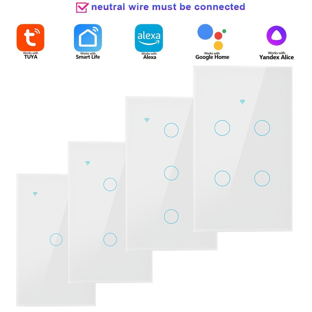 White Glass WiFi Bluetooth Touch Screen Smart Switch 1/2/3/4 Gang – Scratch-Resistant, Works with Alexa & Google Home, Tuya App, Smart Scenes, Timer, Share Function, 600W/Gang, Neutral Required