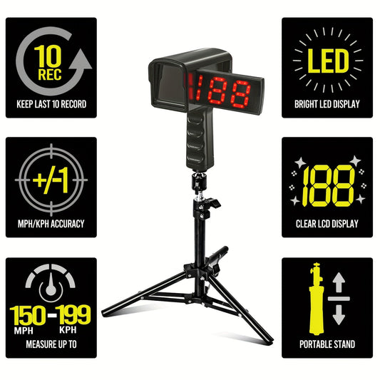 Baseball Radar Gun PPSR8888 with LED and LCD Displays, Tripod Included