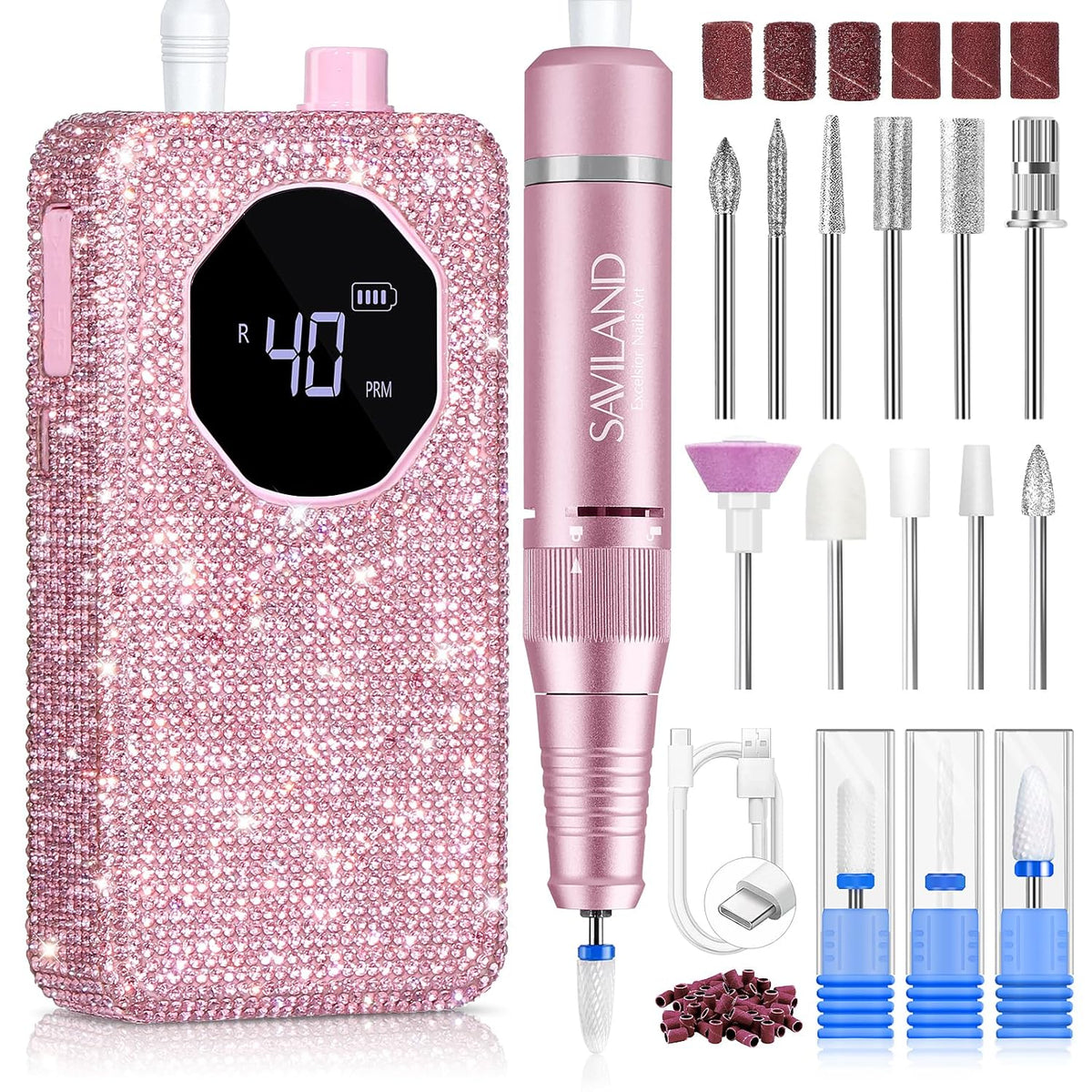 Electric Nail Drill 40000 RPM Rechargeable Professional Nail Drill Machine 4000mAh Battery LCD Display Ceramic Bits Sanding Bands for Acrylic Gel Nails Salon Home Use