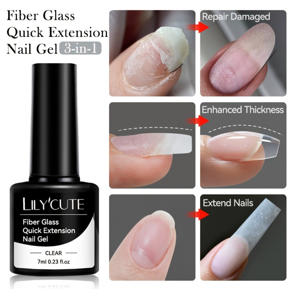 Nail Extension Builder Gel 3pcs - Fiberglass Construction Gel for Broken Nail Repair & Nail Extension, Clear UV LED Soak-Off Fiber Glass Gel Varnish, DIY Salon Nail Kit