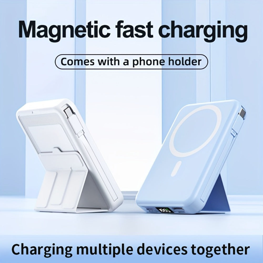 10000mAh Mini Power Bank with PD 22.5W Fast Charging, 15W Magnetic Wireless Charging, Built-in 2 Cables, Phone Stand & Digital Display – Slim Portable Charger for iPhone, Android, Travel, Airplane