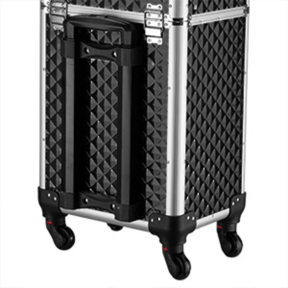 Makeup Train Case Rolling Aluminum Lockable Trolley with 4 Wheels 2 Sliding Drawers Telescopic Rod Portable Cosmetic Organizer Suitcase for Makeup Artists Salon Travel Beauty Storage Black