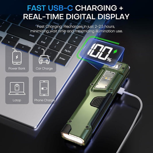 Flat LED Flashlight, 3000 Lumens, USB Rechargeable with UV & Digital Display