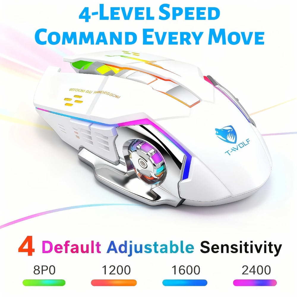 Ergonomic Silent Wireless Mouse T-WOLF Rechargeable Dual-Mode BT5.0 & 2.4G – Full-Size RGB Comfort Mouse for Work Study Gaming, Aesthetic Desk Setup, Back to School Gift for PC Laptop Mac